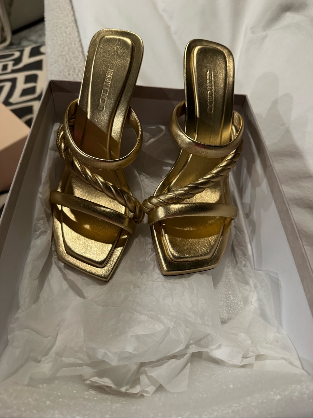 Jimmy Choo Metallic Gold Braided Strap Heeled Sandals